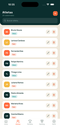 Lista de atletas com foto e busca no app Rei do CT