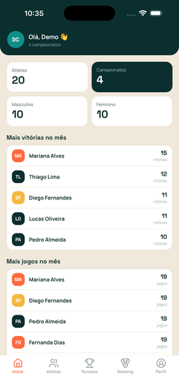 Tela inicial do app Rei do CT com atletas, campeonatos e ranking da arena