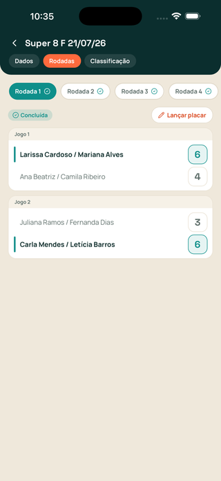 Rodadas de um Super 8 com os placares lançados em quadra no app Rei do CT