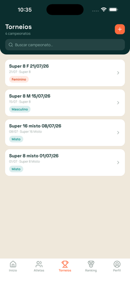 Lista de campeonatos de beach tennis da arena no app Rei do CT